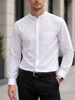 Nicole Farhi Light Gray Band Collar Button Up Shirt Long Sleeve Pocket size 16.5